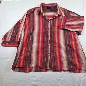 DCC Woman Button Up Shirt Red Striped 3/4 Sleeve Textured Cotton Plus 18/20